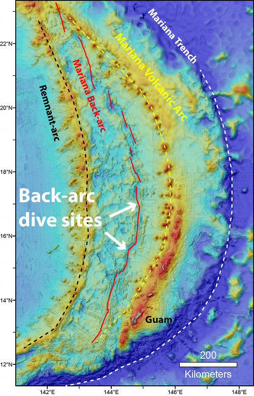 Map showing locations of ROV dives in the Mariana back-arc.