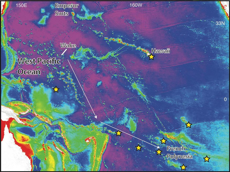 Map showing satellite-derived bathymetry of the Pacific Ocean based on gravity (color showing depth; purple to red is deep to shallow). The West Pacific has a larger number of seamounts than the rest of the ocean basin, and these are thought to be related to one of the hotspots (yellow stars) in French Polynesia. The arrows trace the volcanic chain back to currently active volcanism.