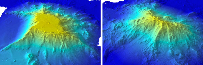 Flat-top guyot (left) shown in comparison to a conical seamount (right).