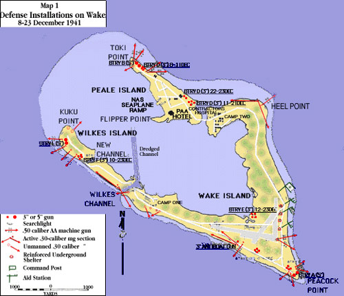 American defensive positions on Wake Atoll, 8-23 December 1941.