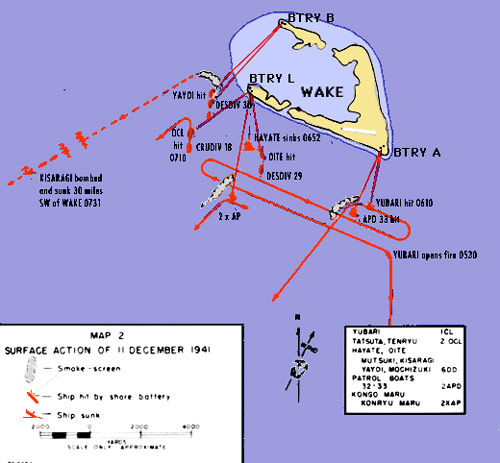 Surface actions around Wake Atoll on the morning of 11 December 1941. Japanese warships approached from the south to bombard the island before encountering fire from American shore batteries.