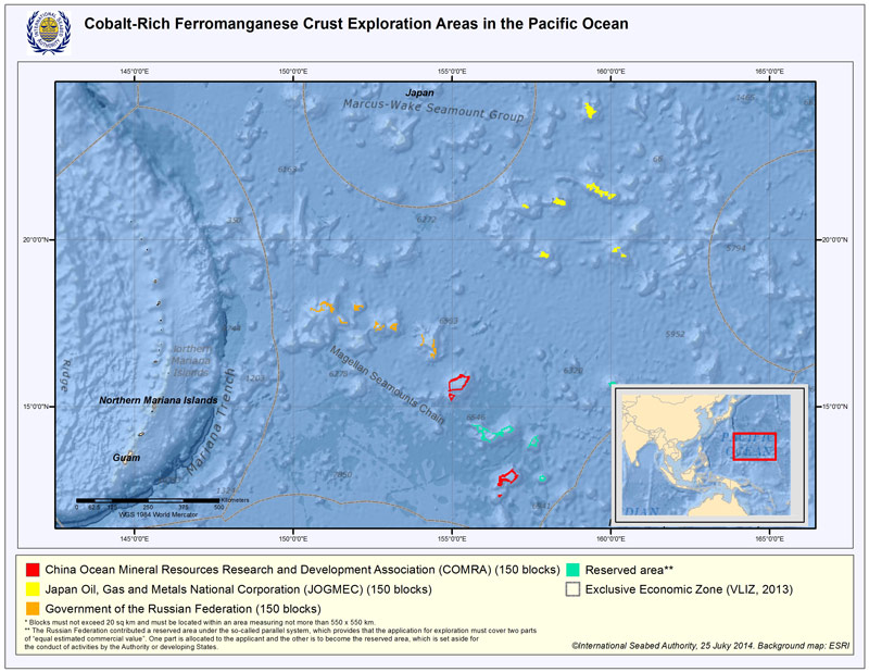 Map of the Western Pacific showing the locations of Mn crust exploratory sites granted by the ISA.