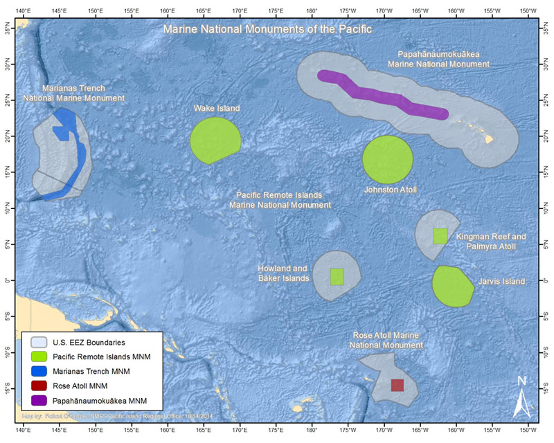 Map showing the location of Wake Island and the Pacific Remote Islands Marine National Monument.