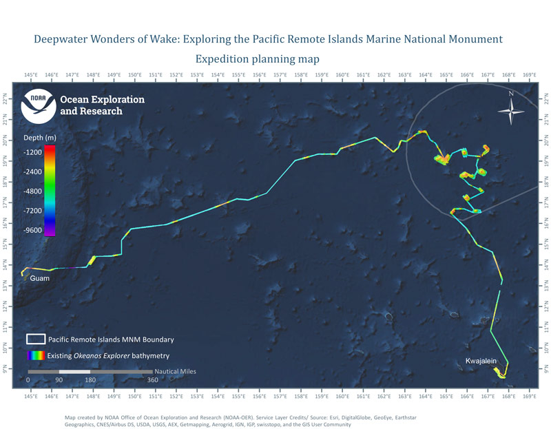 This image shows the intended operating area for this expedition. The shaded area is the boundary of PRIMNM and the multi-color lines are bathymetry collected by the Okeanos Explorer Earlier this year.