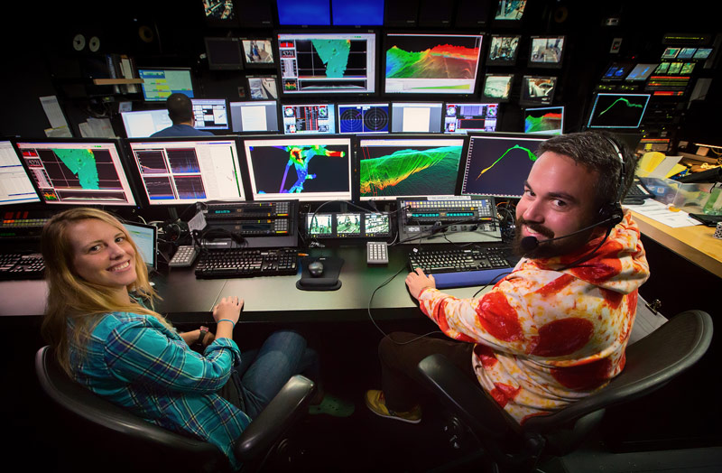 Mapping Team Lead, Lindsay McKenna Gray, and Senior Survey Tech, Charlie Wilkins, working in the control room.