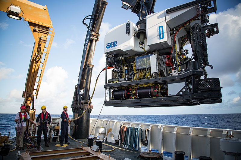 ROV Deep Discoverer being deployed from the aft deck of NOAA Ship Okeanos Explorer.