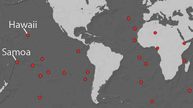 Figure 1. The global distribution of volcanic hotspots that are fed by upwelling mantle plumes, shown in red. The Hawaiian and Samoan hotspots are identified for reference.