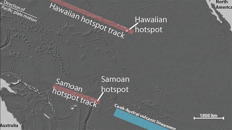 The Samoan and Hawaiian hotspots and their associated hotspot tracks. The Cook-Austral volcanic lineament is shown for reference.