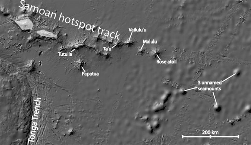 The islands and seamounts of the Samoan region. Island and seamount targets for geological sampling by ROV are identified: Vailulu’u, Ta’u, Malulu, Rose, Papatua, Tutuila and three unnamed/unexplored seamounts located in the eastern Samoan region. The Tonga Trench is shown for reference. 