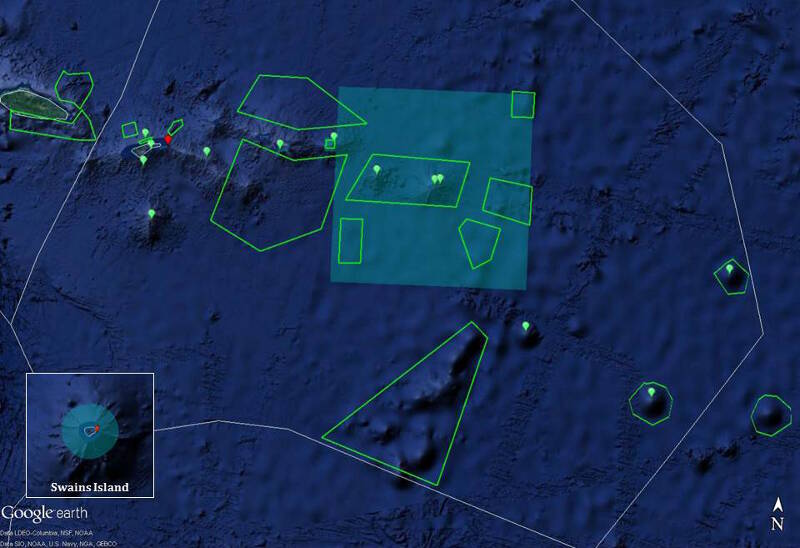Map showing the general expedition operating area. The green dots are the planned ROV dive sites for the February 16 to March 2 cruise and the red dots are ROV dive sites that are planned for other cruise legs. The green polygons are the priority mapping areas for the expedition. These areas were identified by NOAA partners, input from American Samoa management agencies, NOAA’s 2017 Central Exploration Call for Input and regional workshops. The white line shows the boundaries of the U.S. Exclusive Economic Zone of American Samoa, and the light blue boxes are the boundaries of the Rose Atoll Marine National Monument and National Marine Sanctuary of American Samoa. The Swains Island inset box is another unit of the National Marine Sanctuary of American Samoa located further north than the map area.