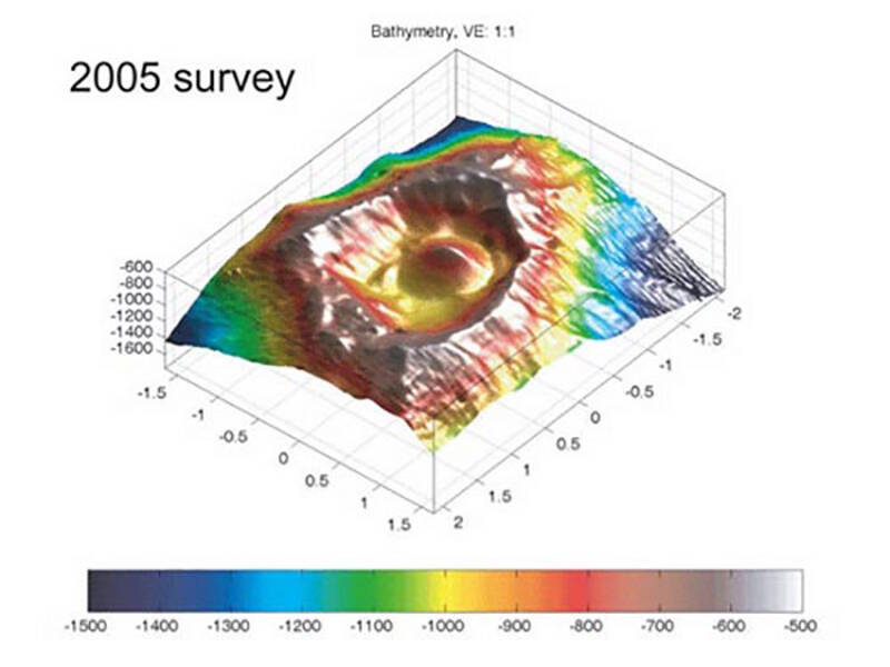 Multibeam map from 2005 showing the Vailulu’u seamount crater. The Nafanua cone can be observed in the middle of the crater.