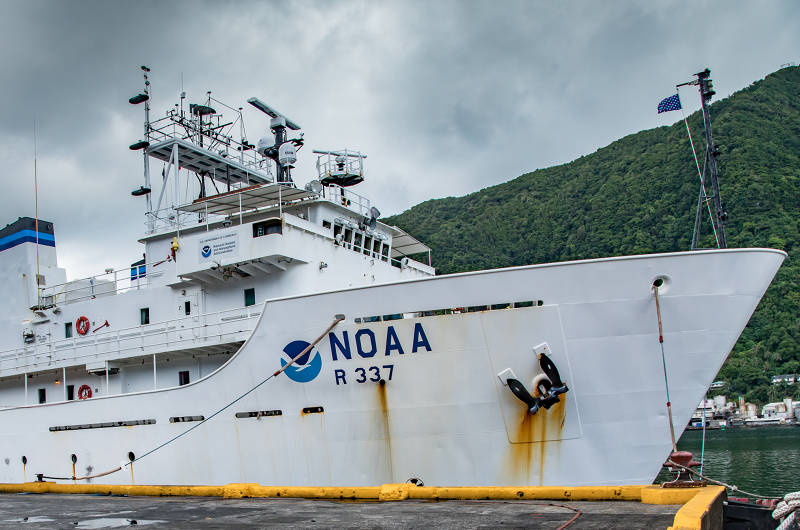 NOAA Ship Okeanos Explorer docked at the pier at the Port of Pago Pago in American Samoa.