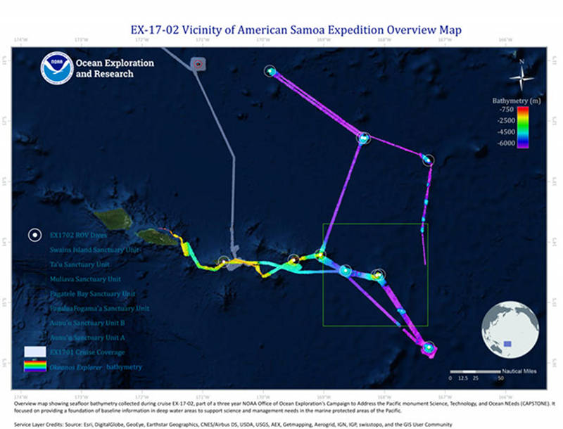 Overview map showing seafloor bathymetry collected and ROV dives conducted during part one of the 2017 American Samoa expedition.