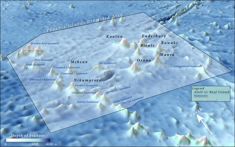 Bathymetric map detailing the seamounts and submerged reefs located within the Phoenix Islands Protected Area.