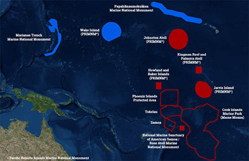 This map shows the U.S. Marine National Monuments in the Pacific Ocean (solid blue and solid red polygons) – the focus of operations for 2015-2017. The 2017 expeditions will take place in the central Pacific, focusing efforts in the vicinity of the Hawaiian archipelago the Kingman/Palmyra, Jarvis and Howland/Baker units of the Pacific Remote Islands Marine National Monument (PRIMNM), National Marine Sanctuary of American Samoa, and Rose Atoll Marine National Monument.