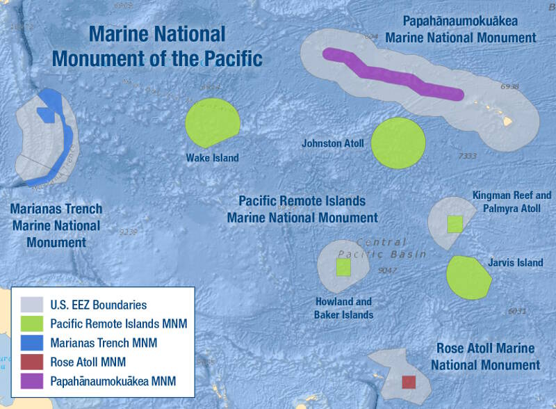 The Monument provides broad scale protections to marine ecosystems and incorporated 86,888 square miles within its boundaries, which extend 50 nautical miles (nm) from the mean low water lines of Howland, Baker, and Jarvis Islands; Johnston, Wake, and Palmyra Atolls; and Kingman Reef.