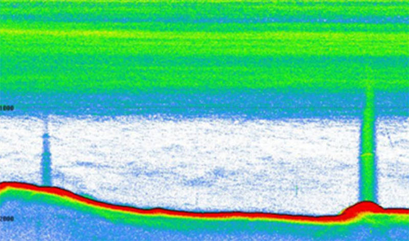 Example image of echogram from EK60 fisheries sonar. The red feature is the seafloor. Green and blue areas in the water column are features with high backscatter – the lines near the surface show dense layers of biology (zooplankton, fish, gelatinous creatures, etc.), while the vertical lines are bubble plumes emanating from the seafloor.