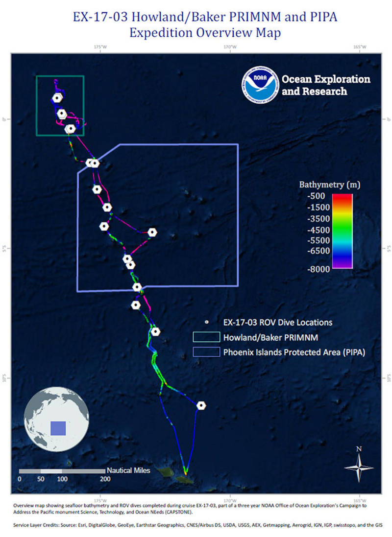 Overview map showing seafloor bathymetry collected and ROV dives conducted during the Discovering the Deep: Exploring Remote Pacific MPAs expedition.