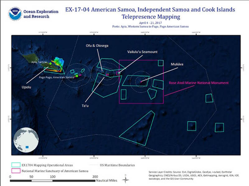 Map showing the general expedition operating areas, outlined in turquoise. The purple outline denotes the boundaries of National Marine Sanctuary of American Samoa. Geographic features and areas of interest are also labeled.
