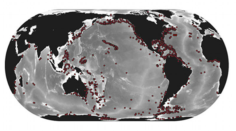 Map compiled in 2011 from ~1,000 museum records of samples of octocorals collected deeper than 50 meters (red dots). The map shows that most samples come from near the coasts of the continents or around the Hawaiian Islands and New Zealand; there is a major gap in sampling of the Central Pacific Basin. Data compiled by Eric Pante; map by Les Watling. 