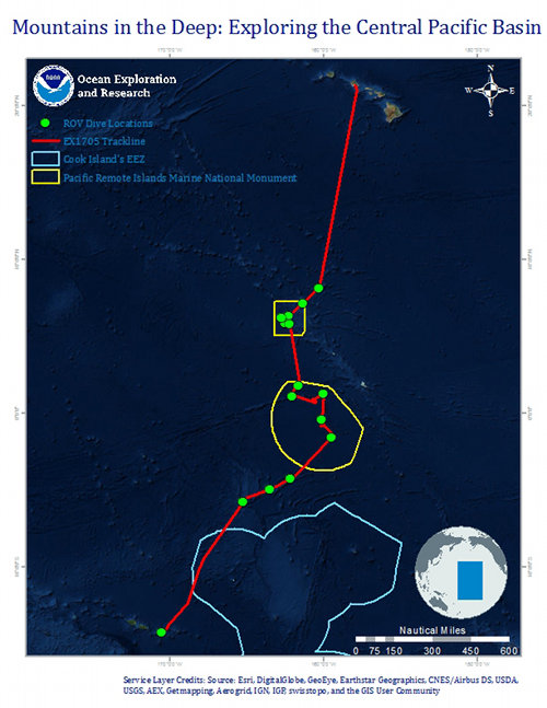 Map of the general expedition operating area. The red line is the rough cruise track from American Samoa to Honolulu during the expedition. The yellow polygons represent the boundaries of the Pacific Remote Islands Marine National Monument. The light blue polygon designates Marae Moana (Cook Islands). Planned ROV dives are represented by green markers.