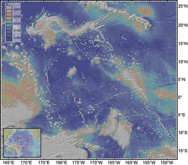 Regional view of western Pacific bathymetry showing distribution of linear volcanic chains.