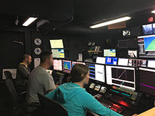 The NOAA Ship Okeanos Explorer mapping team hard at work in the control room. During the 60+ hours of transit, the ship is continuously collecting data with three different types of sonar. The NOAA Ship Okeanos Explorer mapping team hard at work in the control room. During the 60+ hours of transit, the ship is continuously collecting data with three different types of sonar.