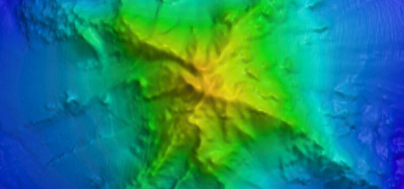 A previously unmapped seamount we are calling “Kahalewai”. This seamount has four ridges that radiate outward from the center.
