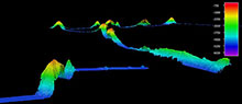 A view of the NOAA Ship Okeanos Explorer mapping track, showing some of the “Mountains in the Deep”. The color bar shows the depth of these features. A view of the NOAA Ship Okeanos Explorer mapping track, showing some of the “Mountains in the Deep”. The color bar shows the depth of these features.