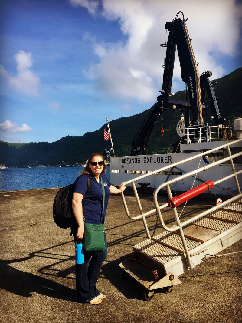  Expedition Coordinator, Kasey Cantwell, prepares to board NOAA Ship Okeanos Explorer to embark on the Mountains in the Deep: Exploring the Central Pacific Basin expedition.