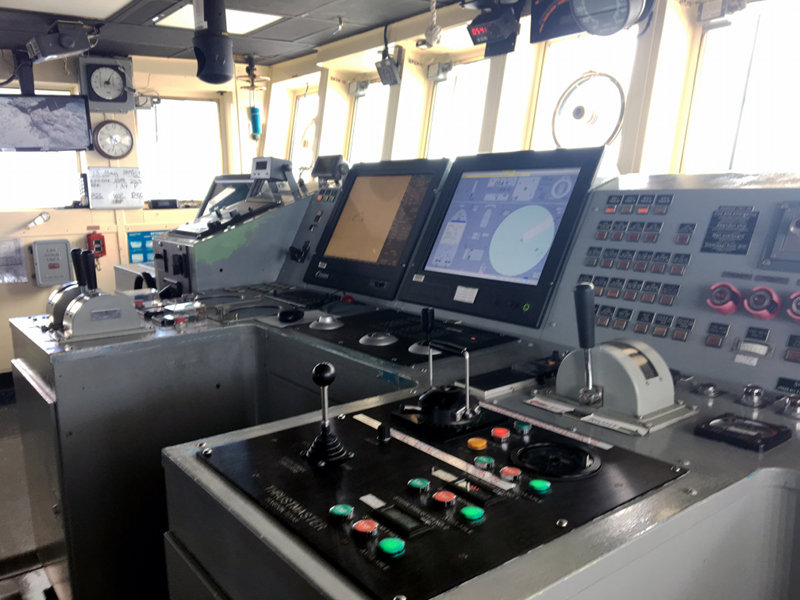 The Dynamic Position controls are on the bridge on NOAA Ship Okeanos Explorer.