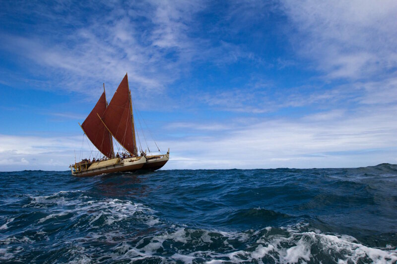 The Hawaiian canoe Hōkūleʻa; a traditional style double-hulled vessel made out of modern materials. Photo: Polynesian Voyaging Society