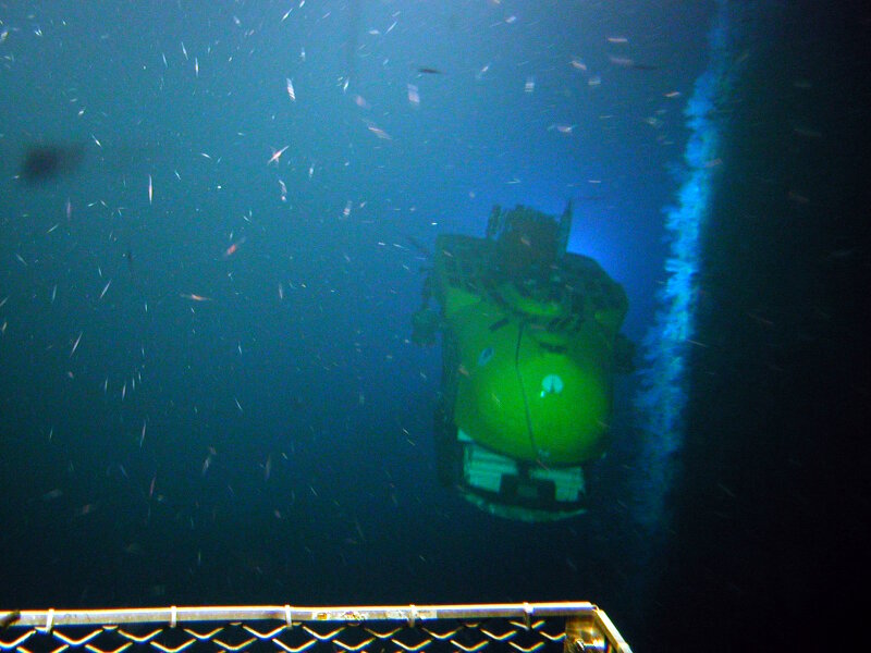 a Pisces submersible moves along the sheer cliff-face at Jarvis Island, as photographed by the other Pisces submersible. Extraordinarily abundant plankton and micronekton swarmed off of ridges of the cliff where strong currents swept by. Dense lines of deepwater coral fans, to the right of the submersible, also occurred at these ridges.