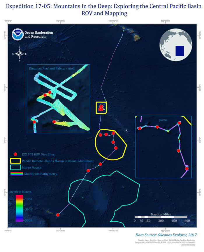 Overview map showing seafloor bathymetry collected and ROV dives conducted during the Mountains in the Deep: Exploring the Central Pacific Basin expedition.