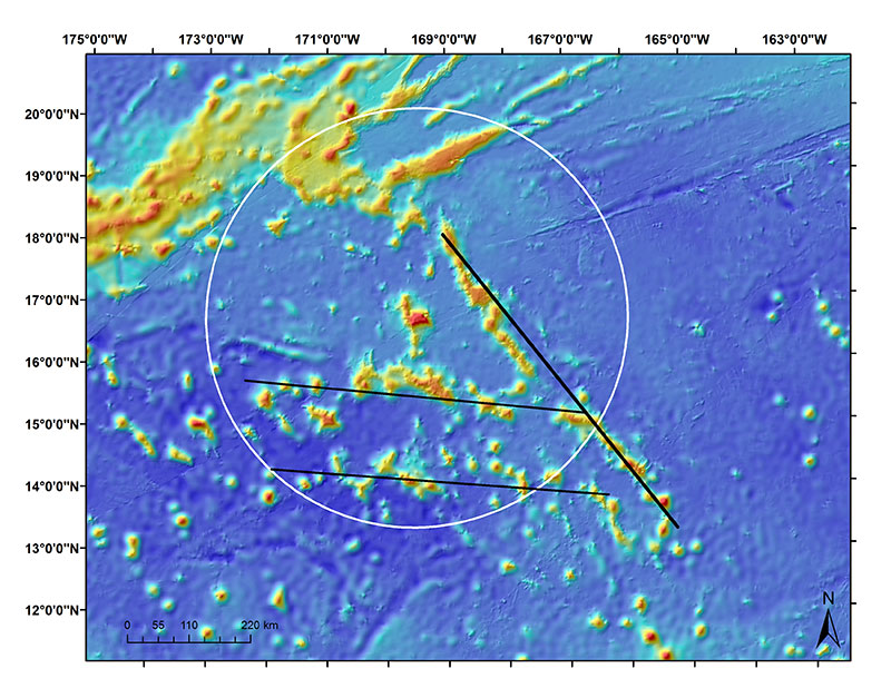 Main Line Islands seamount chain lineation (thick black line NW-SE) and two cross-trend seamount trails (thinner black lines that are E-W).