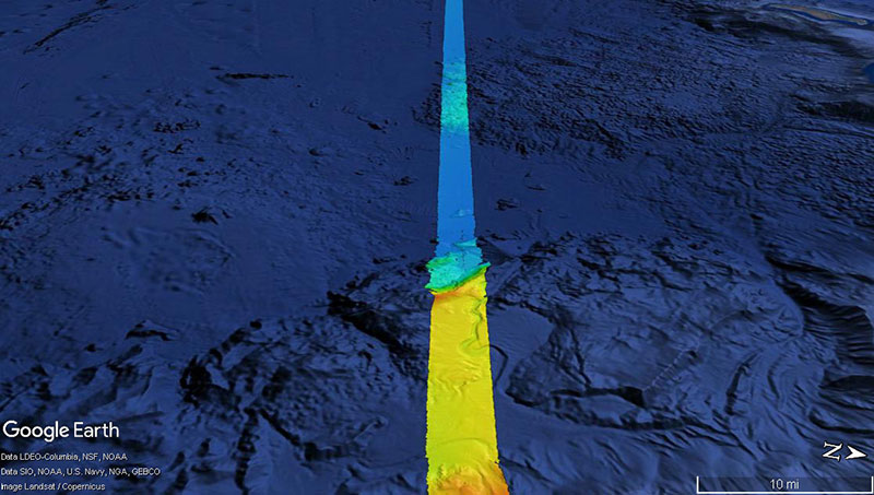 With approximately 95 percent of the ocean unexplored, the NOAA Office of Ocean Exploration and Research pursues every opportunity to map, sample, explore, and survey at planned destinations as well as during transits; Always Exploring is a guiding principle. Mapping data is collected at all times when the ship is transiting and underway. This image shows the multibeam bathymetry data acquired during the ship's transit west from Oahu to the Johnston Atoll Unit. 