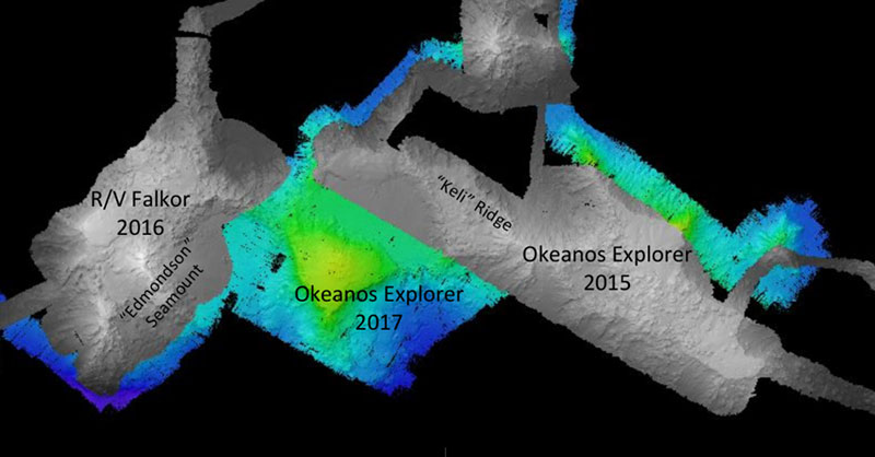 Map showing the bathymetry data acquired during our July 2017 cruise in the vicinity of “Keli” Ridge and “Edmondson” Seamount. Data collection efforts over several days were designed to complement previous data acquired by R/V Falkor in 2016 and Okeanos Explorer in 2015. Previously acquired datasets are shown as grayscale, and the data acquired this cruise is shown as color bathymetry. 