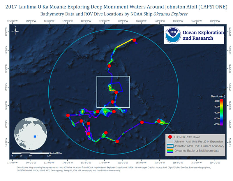 Overview map showing seafloor bathymetry and ROV dives completed during the 2017 Laulima O Ka Moana: Exploring Deep Monument Waters Around Johnston Atoll expedition.