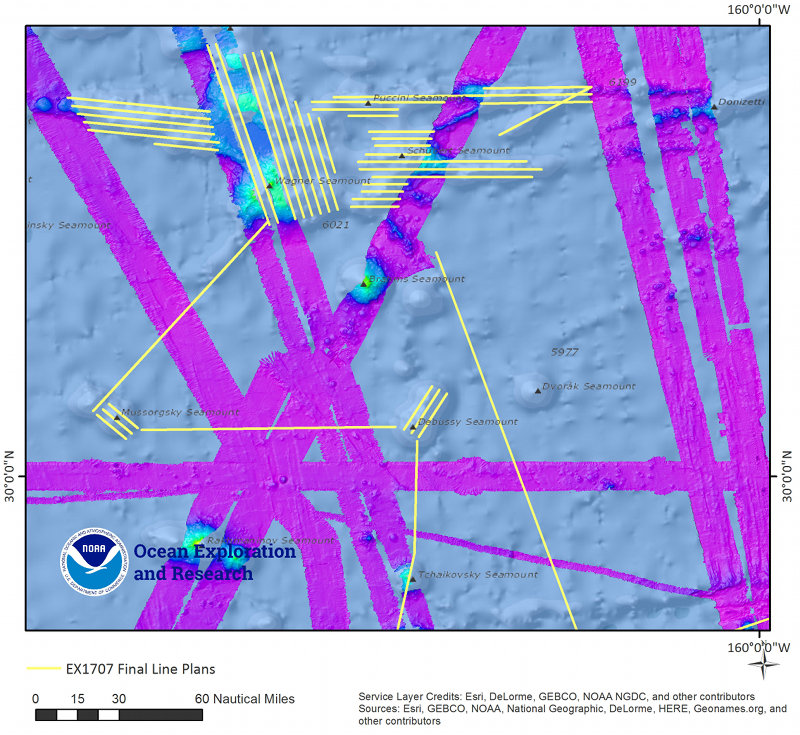 Figure 2. Mapping showing planned mapping survey lines over several seamounts and ridges in the Musicians Seamount chain. Publicly available bathymetry in the background downloaded from NOAA's National Centers for Environmental Information archives and collected on various survey platforms.