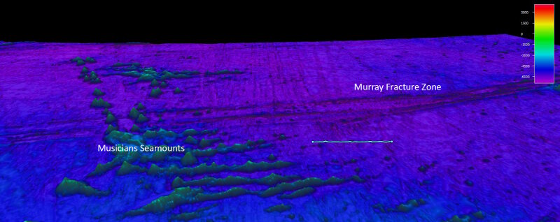 Oblique view of Murray Fracture Zone with 100 meripeninkulman viiva piirretty mittakaavaa varten. Syvyydet metreissä, sandwellin ja Smithin tiedot. Pystysuora liioittelu x6.