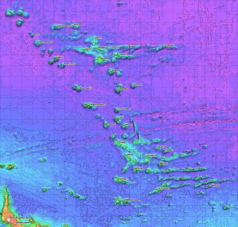 Map detailing the names of the seamounts within the Musicians Seamounts group.