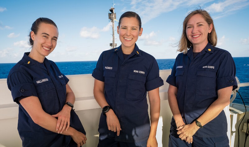 NOAA Ship Okeanos Explorer has been fortunate to work with many skilled and knowledgeable NOAA Corps officers, including (left to right) Ensign (ENS) Anna Hallingstad, ENS Brianna Pacheco, and Lieutenant Commander (LCDR) Fionna Matheson.