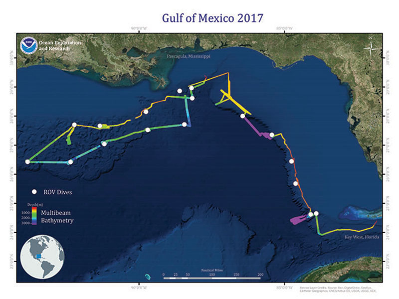 Overview map showing seafloor bathymetry and ROV dives completed during the Gulf of Mexico 2017 expedition.