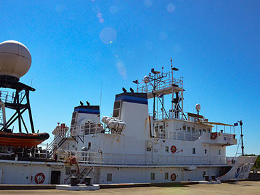 NOAA Ship Okeanos Explorer at the dock in Pascagoula, Mississippi, for necessary repairs to the port engine. 