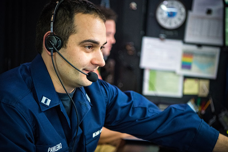 LT Nick Pawlenko, the Gulf of Mexico 1803 Expedition Coordinator, hard at work in the control room aboard NOAA Ship Okeanos Explorer.