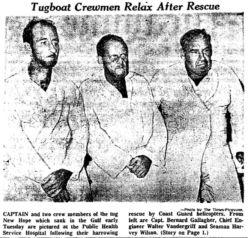 Image of the captain and two crew members of tugboat New Hope in the September 29, 1965, edition of the Times-Picayune.