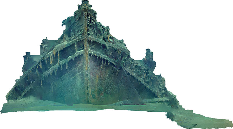 Orthophoto showing the bow of the tugboat New Hope, generated using imagery collected during Dive 01 of the expedition. This kind of orthomosaic is a series of individual photos which are matched using thousands of points to form a new 2D composite image consisting of all the smaller images, but with any distortion from perspective shift removed.
