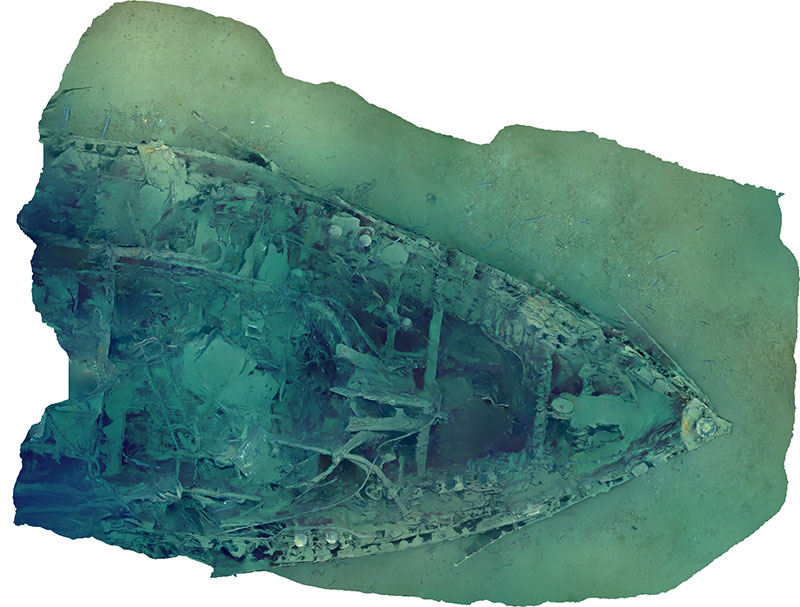 Orthophoto looking down (plan view) on the wreck of the New Hope tugboat.