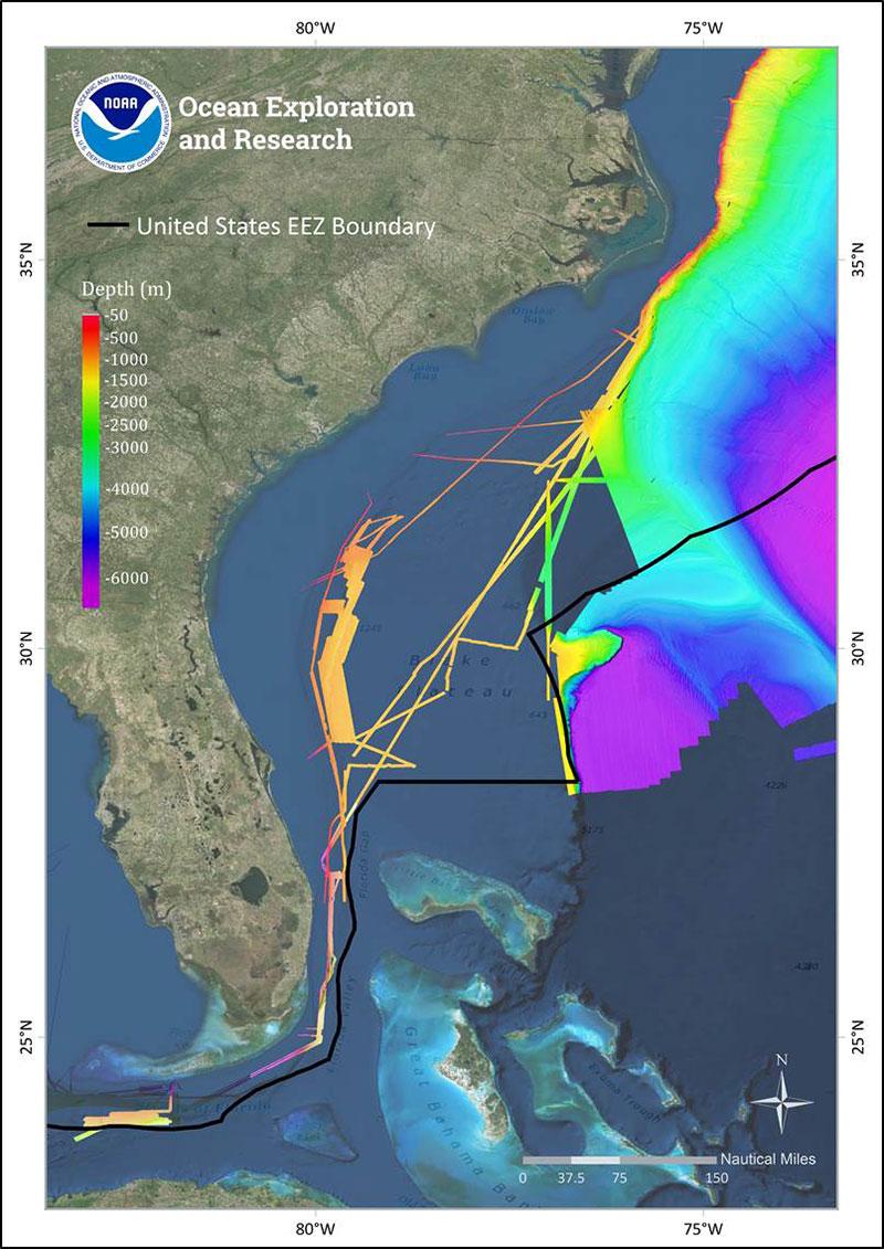 Over the past decade, NOAA Ship Okeanos Explorer, and the U.S. Extended Continental Shelf Project have mapped much of the deepwater habitats offshore the U.S. east coast (assembled bathymetry shown above), but much of the Blake Plateau remains unmapped and poorly explored. This expeditions will contribute much needed ROV surveying and bathymetry data to build upon this foundation.