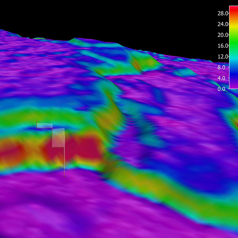3D view of the planned ROV track for Dive 17 shown as orange line with white curtain protruding from the slope. The background represents the seafloor depth color-coded with slope in degrees. The warmer the color, the steeper the slope. 